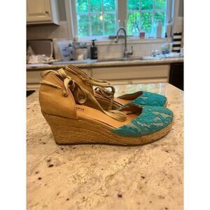 Twiggy London Aqua Blue Lace Espadrille Wedge sz 8.5